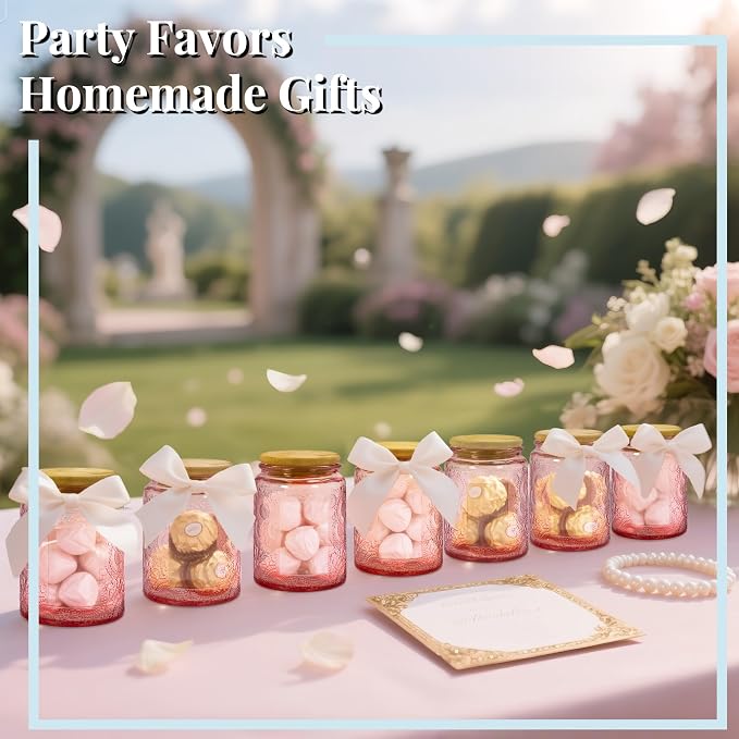 8oz Decorative Glass Jars with Airtight Bamboo Lids (Pink - 6pc), Vintage Food Storage Containers, Home Décor Candle Making Parties Wedding Baby Shower Favors Gift