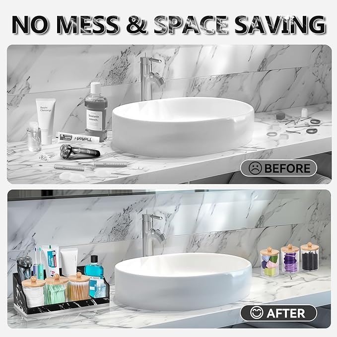 TuCao Marble Bathroom Countertop Organizer, Toothbrush Holders for Bathroom with 3PCS Qtip Holder Dispenser and Toothpaste Holder Drainage for Bathroom Accessories Organization Counter Vanity Storage