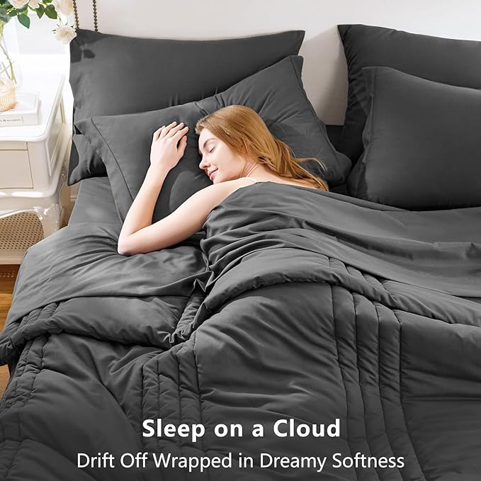 CozyLux Oversized King Comforter Set - 7 Pieces Bed in a Bag Dark Grey Comforter Set with Sheets All Seasons Bed Set, Soft Bedding Set with Down Alternative Comforter, Sheets, Pillowcases & Shams