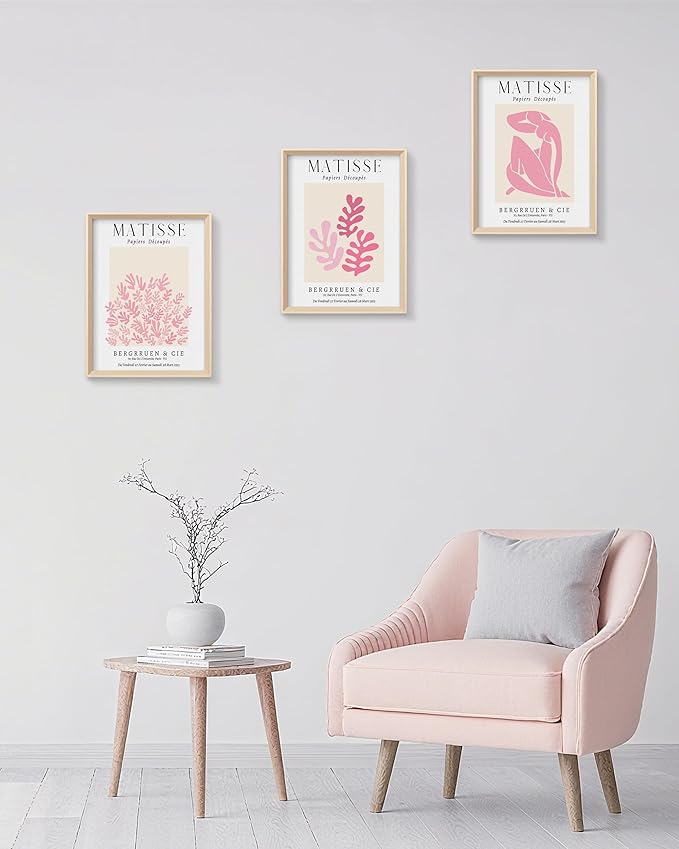 Framed Matisse Pink Canvas Wall Art,Abstract Matisse Canvas Wall Decor,16x12IN High Framed Wood Design Prints,Minimalist Wood Frame Posters for Living Room,Bedroom,Bathroom Set of 3