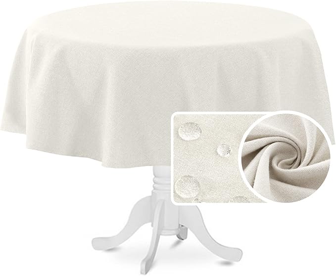 H.VERSAILTEX Linen Textured Tablecloth Round 70 inch Waterproof Decorative Table Cloth Spill-Proof Linen Look Cover for Party Table Extra Soft and Thick Fabric Wrinkle Free, Heather Ivory