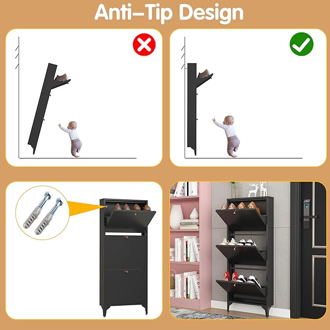 Shoe Cabinet with 3 Flip Drawers, 19" W Narrow Shoe Storage Cabinet, Farmhouse Shoe Organizer, Freestanding Organizer with Metal Legs for Entryway, Foyer (Narrow 3-Door, Black)