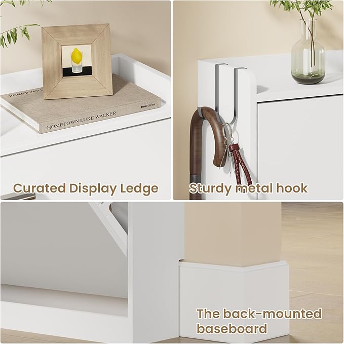 Shoe Cabinet Organizer with 2 Flip Drawers，Freestanding Shoe Rack Cabinet，Narrow Shoe Cabinet Storage for entryway，Foyer, Hallway, White, 23.6" W × 6.3" D × 33.1" H