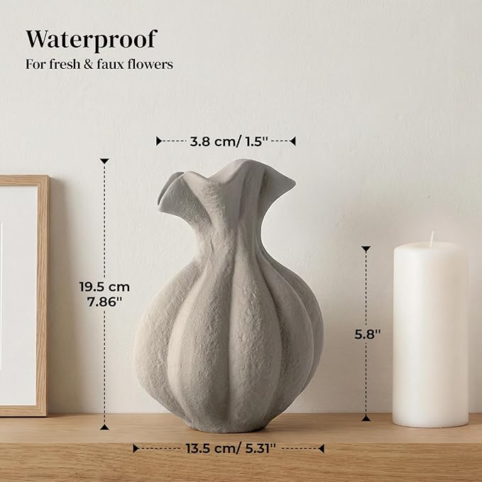 DOWAN Gray Stoneware Vase, Small Farmhouse Flower Vase for Pampas Grass, Home, Living Room, Dining Table, Rustic Decor, Office, Bedroom, Table and Kitchen Shelf (7.7")