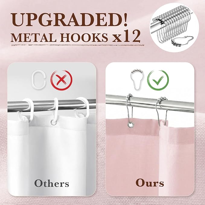 Seasonwood Linen Shower Curtain Neutral Vintage Farmhouse Linen Shower Curtains for Bathroom Boho Bathroom Decor with 12 Sturdy Stainless Steel Sliding Hangers(Pink,72x72 Inches)