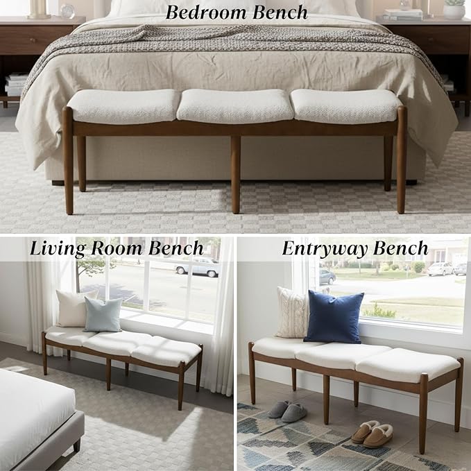 Ya-Home Modern Boucle Ottoman Bench, 54.25” Upholstered Sherpa Bedroom End of Bed Bench, Long Seating Entryway Bench Window Bench with Padded Cushion Solid Wood Legs for Living Room/Hallway, Beige