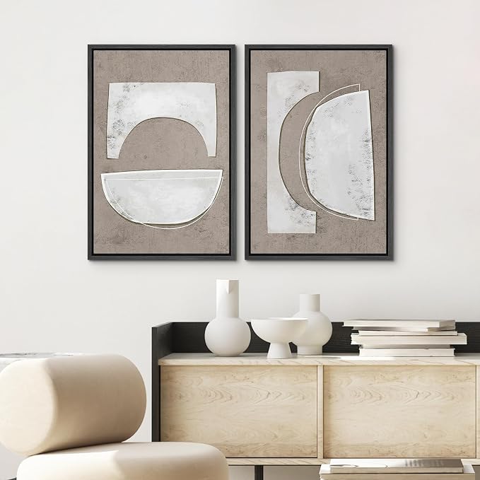 SIGNWIN Framed Canvas Print Wall Art Set Art Deco Grunge White Polygons Abstract Shapes Cozy Neutral Minimal Decorative Nordic Zen Bohemian for Living Room, Bedroom, Office - 16"x24"x2 Black