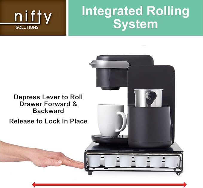 Nifty Coffee Pod Drawer – Stainless-Steel, Compatible with K-Cups, 36 Pod Pack Holder, Rolling Drawer, Under Coffee Pot Storage Sliding Drawer, Home Kitchen Counter Organizer