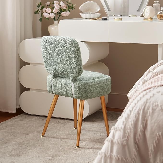 Updated Vanity Chair, Storage Ottoman with Folding Back & Gold-Toned Metal Legs, Ottoman Seat with Teddy Velvet for Dressing Room Living Room Bedroom, 15" x 12" Inch