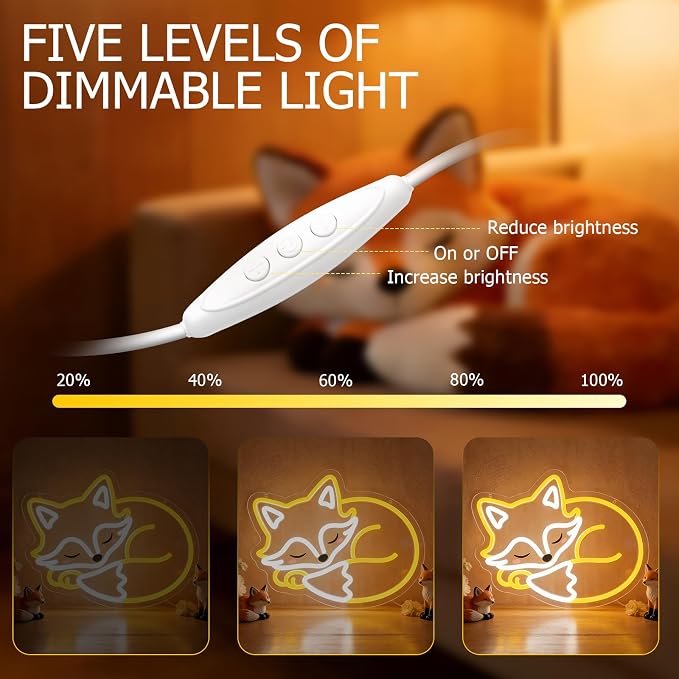 Fox Neon Sign for Wall Decor, Dimmable Animal LED Neon Light, Cute Sleeping Fox Neon for Bedroom, Living Room, Birthday Party Gifts for Kids Adults & Fox Lovers