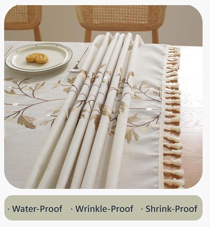 Alsoo Embroidered Tablecloth Rectangle 55 x 90 Inch, Farmhouse Otanical Floral Table Cloth Waterproof Washable Cotton Linen Fabric for Thanksgiving Spring Fall