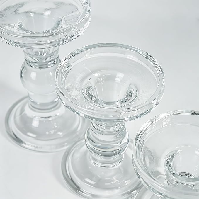 DreamsEden Clear Glass Candle Holders Set of 3, Crystal Transparent Taper Candle Holder for Pillar Taper Tea Lights, Modern Table Centerpiece Decor for Dining Room Living Room Wedding Party Decoration