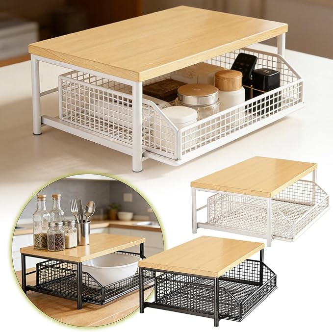 Kitchen Countertop Organizer with Drawer & Wire Basket - Sturdy Hardwood Shelf Storage, 2-Tier Shelf, Space-Saving Storagfor Coffee Maker, Microwave, Toaster & Spices (Black)