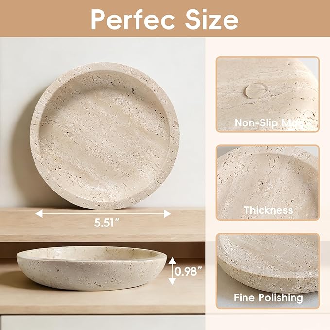 Jewelry Dish 5.5"x5.5",Natural Travertine Stone Trinket Dish - Round Decorative Vanity Tray for Jewelry, Keys, and Small Accessories, Countertop Organizer for Bathroom, Bedroom, Entryway