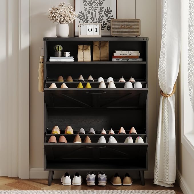 Halitaa Shoe Cabinet with 2 Flip Drawers & Open Storage,Farmhouse Shoe Storage Cabinet for Entryway,Freestanding Narrow Organizer Rack with Legs,Foyer,Hallway,Black