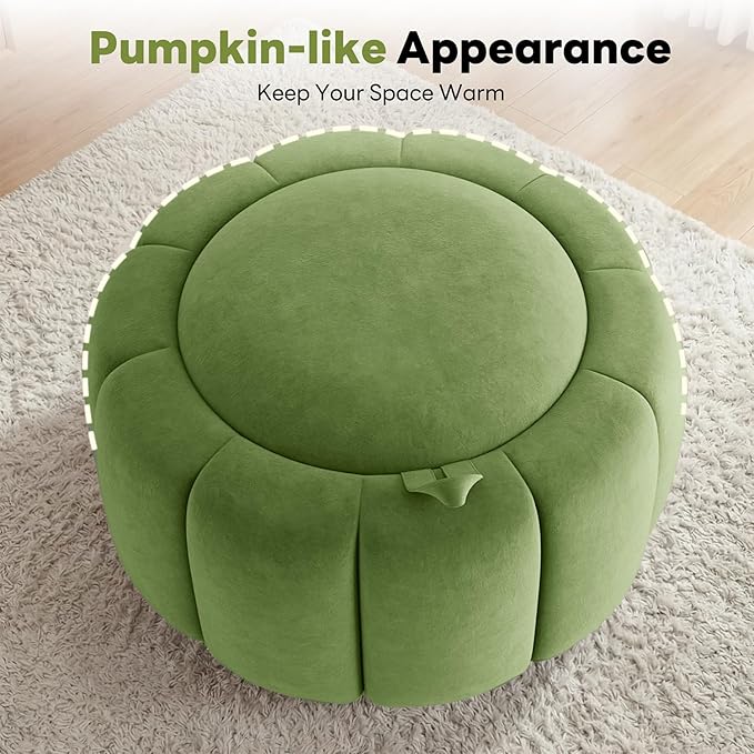 Tbfit Round Storage Ottoman - No Assembly Required, Storage & Sturdy Structure Multi-Functional Seat/Footrest for Living Room, Bedroom & Kids Room Soft Fabric for Family Home Use (Green)
