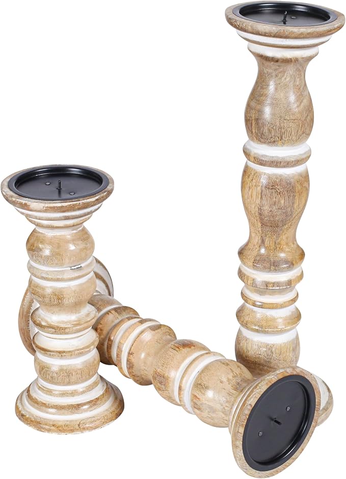 Wooden Candle Holder Set of 3 - Handcrafted Pillar Candle Stand (15", 12", 9") - Rustic Mango Wood Decorative Candle Holders for Home, Living Room, and Dining Table - Distress White