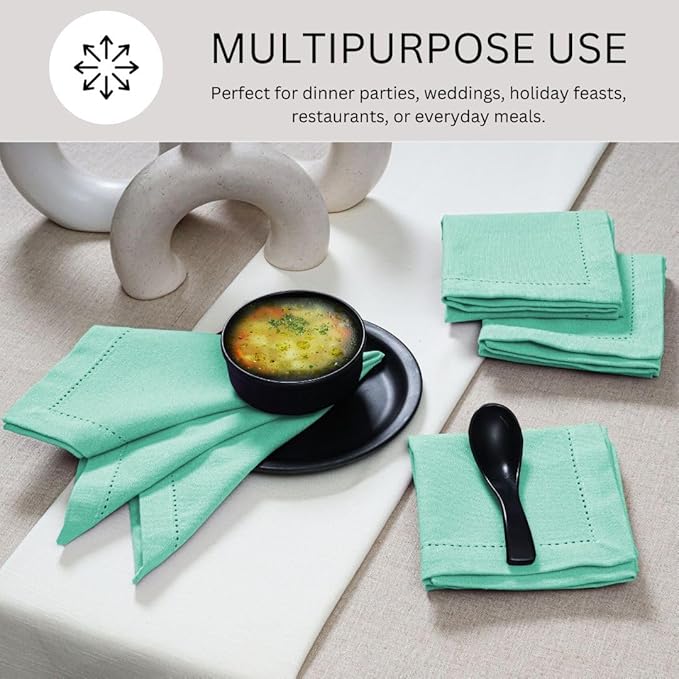 Hemstitch Dinner Napkins 100% Cotton Set of 6 - for Dining Weddings Parties Holidays Easter Everyday Use - Soft Durable Washable Table Napkins - 18x18 Inch Cloth Napkins Turquoise Blue