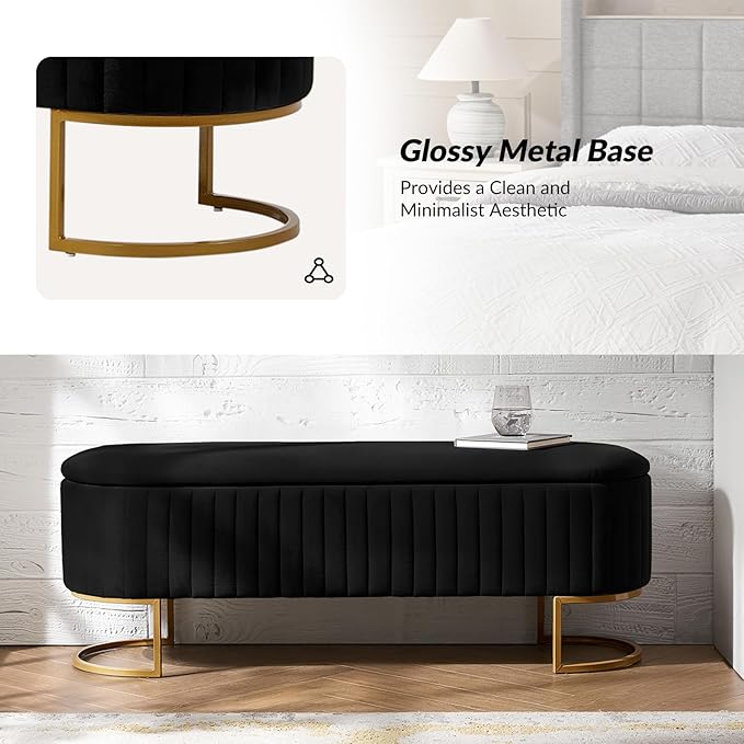 50.5” Velvet Storage Ottoman Bench with Gold-Toned Legs, Luxury Upholstered End of Bed Multi-Functional Footrest & Seat for Bedroom & Entryway