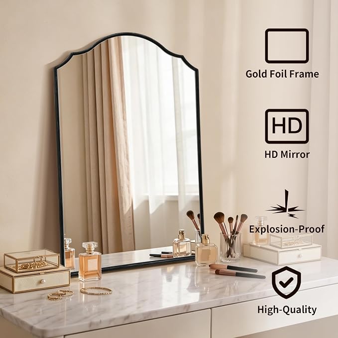 Besdomus Scalloped Black Mirror for Bathroom: 24"x36" Minimalist Modern Arched Mirror - Wooden Frame Wall for Vanity/Bedroom/Mantle/Entryway/Fireplace/Hallway - Idea for Housewife
