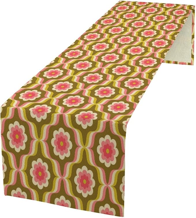 Retro Geometric Flower Table Runner Vintage Abstract Groovy Hippie Seasonal Spring Mid Century Farmhouse Country Dinner Runner for Home Kitchen Dining Table Party Holiday Decor 13"x60"