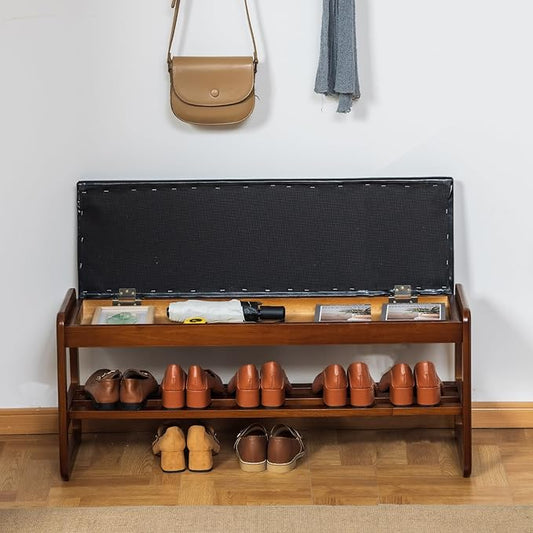 Shoe Bench with Storage - 2-Tier Entryway Bench, Solid Wood Shoe Rack with Cushion & Flip-Open Box, Mid-Century Modern for Hallway, Mudroom, Bedroom (Black, 39.4'')