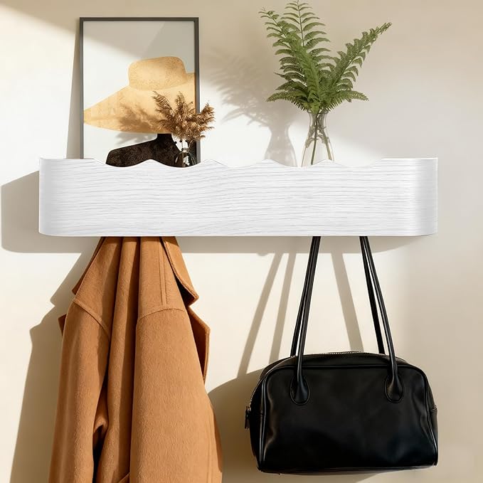 Coat Rack Wall Mount with Shelf Entryway Shelf Modern Key Holder Hanger Wall Shelves with Hidden Hooks for Hanging Towels Coats Hats Bags for Hallway Bathroom Bedroom (Wavy White, 5 Hooks)