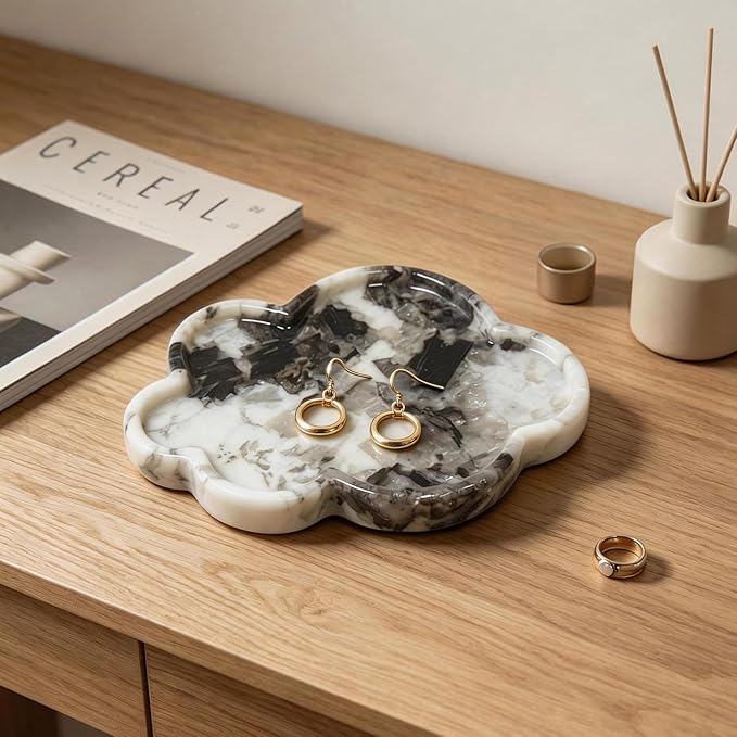 Natural Marble Tray Cloud Shape Vanity Trays, Jewelry Trays Holder Dish for Bathroom Countertop Home Decor Gift Black Needle