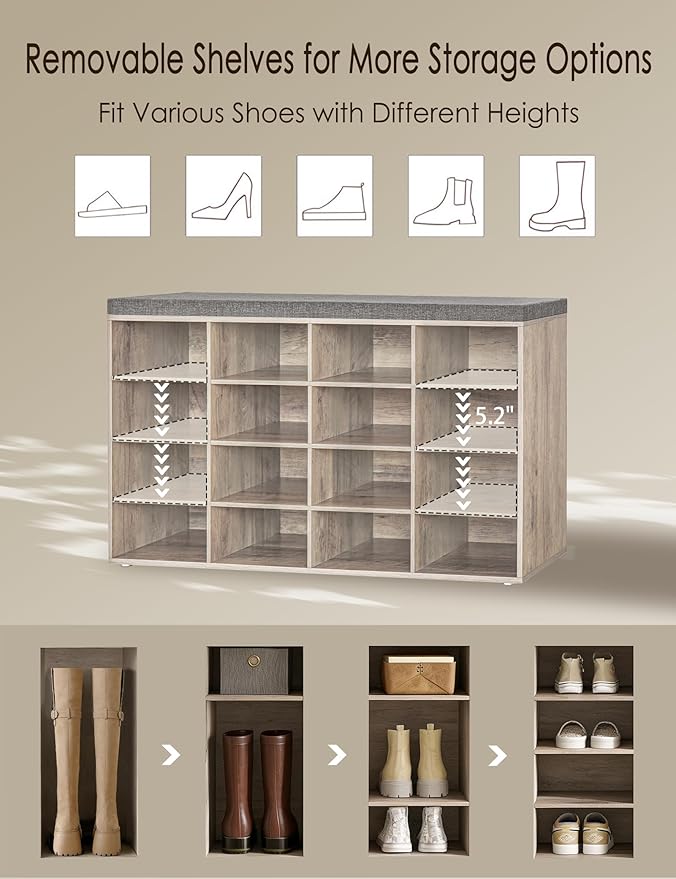 DINZI LVJ Shoe Storage Bench with Cushion, 16-Cubby Shoe Rack, Adjustable Shelves, Multifunctional Shoe Organizer Bench for Entryway, Mudroom, Hallway, Living Room, Bedroom and Garage, Greige