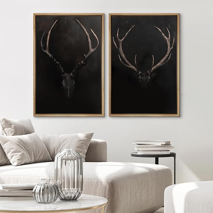 SIGNWIN Framed Canvas Print Wall Art Rustic Antler Skull Dark Dramatic Black Vintage-Inspired Deer and Elk Antlers Illustrations Decorative for Living Room, Bedroom, Office - 24"x36"x2 Natural