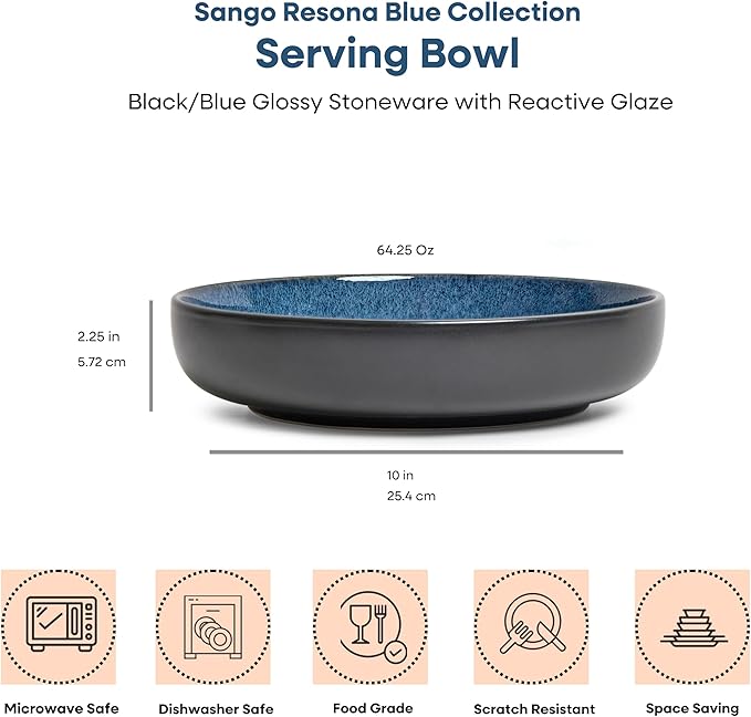 Sango Resona Blue & Black Large Serving Bowl (Set of 2), 64.25 oz, 10" Stoneware Bowls for Pasta, Salad & Dinner, Ceramic Bowls for Entertaining with Glossy Reactive Glaze, Dishwasher & Microwave Safe