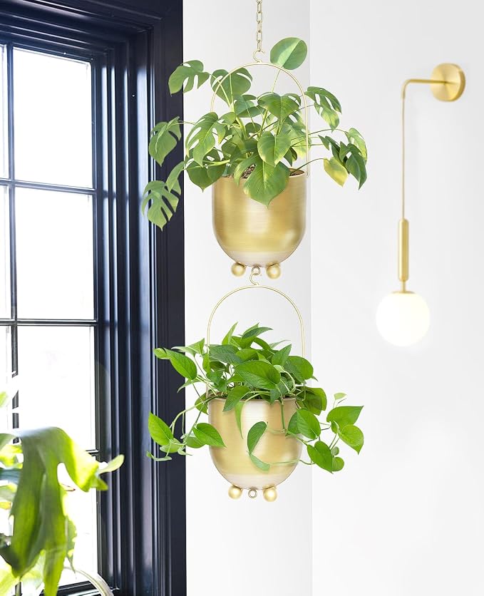 AceList Boho Hanging Planter,6.3 inch Set of 2 Gold Metal Plant Hanger with Hooks and Chains, Modern Wall & Ceiling Planters Outdoor/Indoor Hanging Planter for Window, Porch, Balcony and Home Décor