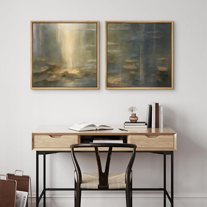 SIGNFORD Framed Canvas Print Wall Art Set Golden Light Reflection Abstract Moody Illustrations Modern Art Minimal Relax/Calm for Living Room, Bedroom, Office - 16"x16"x2 Natural