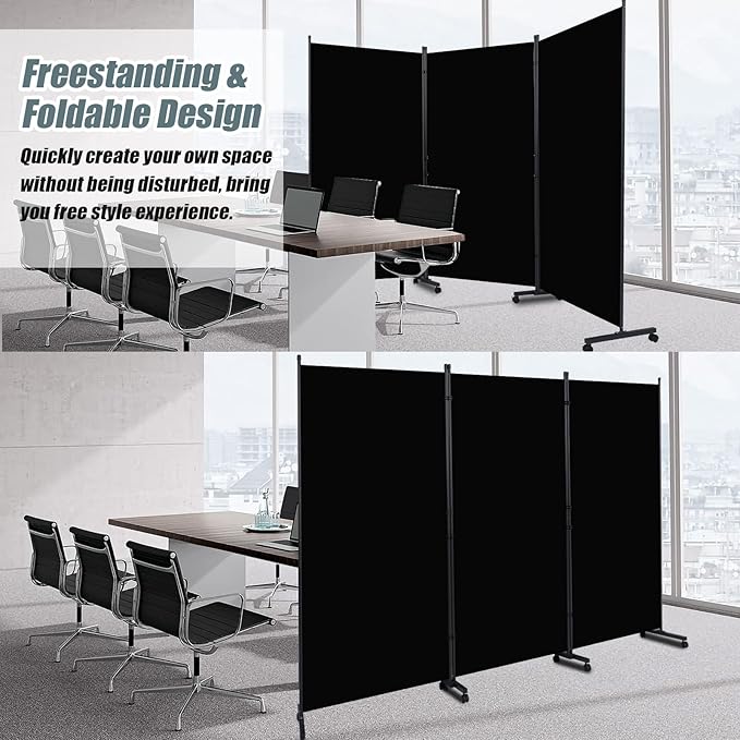 Room Divider Portable Partition Room Dividers and Folding Privacy Screens Fabric Panel Wall Divider for Room Separation, Freestanding Fabric Room Divider Panel/Wheels (Matte Black, 3 Panel-102'')