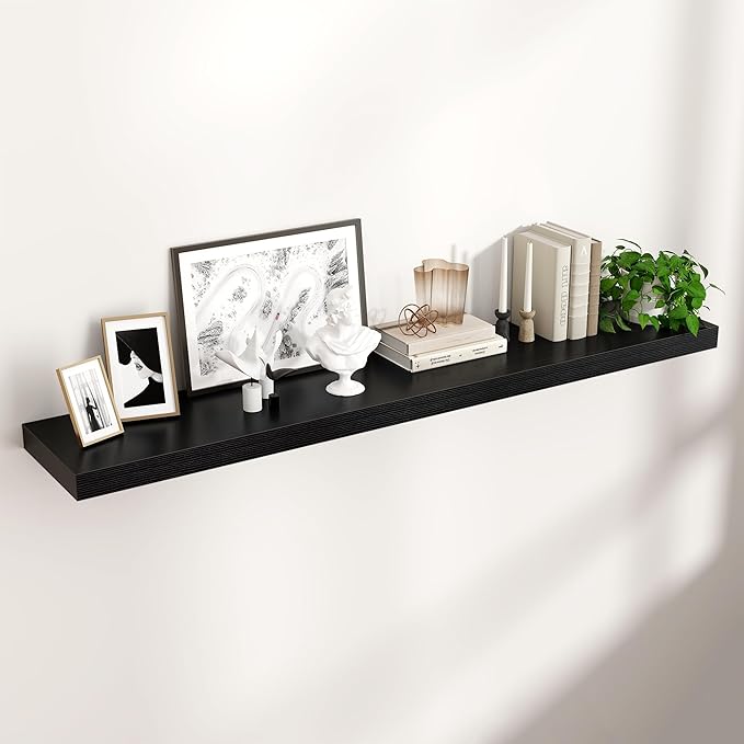 Venusmiles Floating Shelves for Wall 55 inch Long, Engineered Wood Large Wall Shelves with Invisible Brackets for Living Room Bedroom Bathroom Office Kitchen Decor and Storage, Black Finish, Set of 1