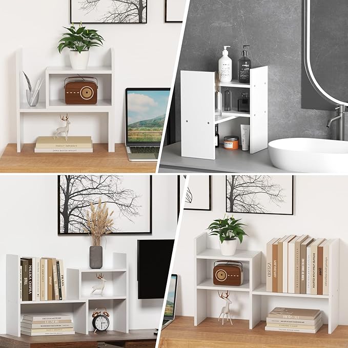 TY ARTS & CULTURE - Expandable Wood Desktop Storage Organizer Multipurpose Desk Bookshelf Display Shelf Rack Counter Top Bookcase for Office Home | Pure White