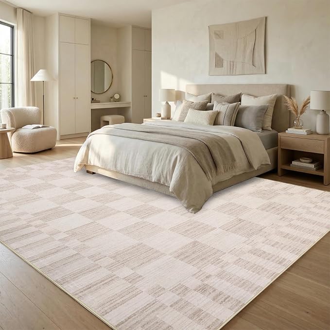 GarveeHome 8×10 Area Rugs for Living Room,Beige Checkered Rug，Modern Non-Slip Washable Farmhouse Geometric Checkerboard Rugs for Bedroom Dining Room Office