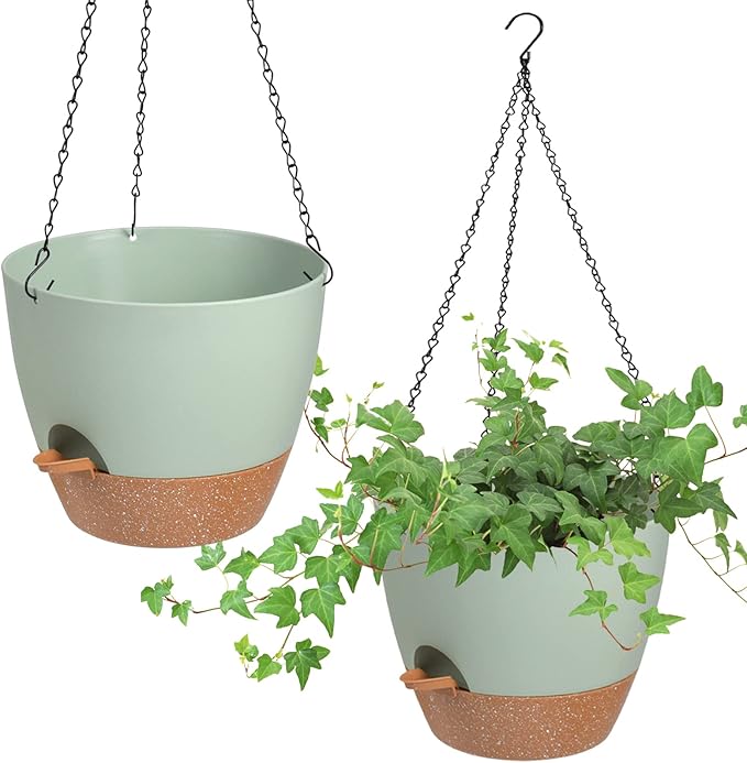Vanslogreen Hanging Planters for Indoor Outdoor Plants, 2 Pack Self Watering Hanging Pot with Drainage Holes & Removable Tray (Green, 8'')