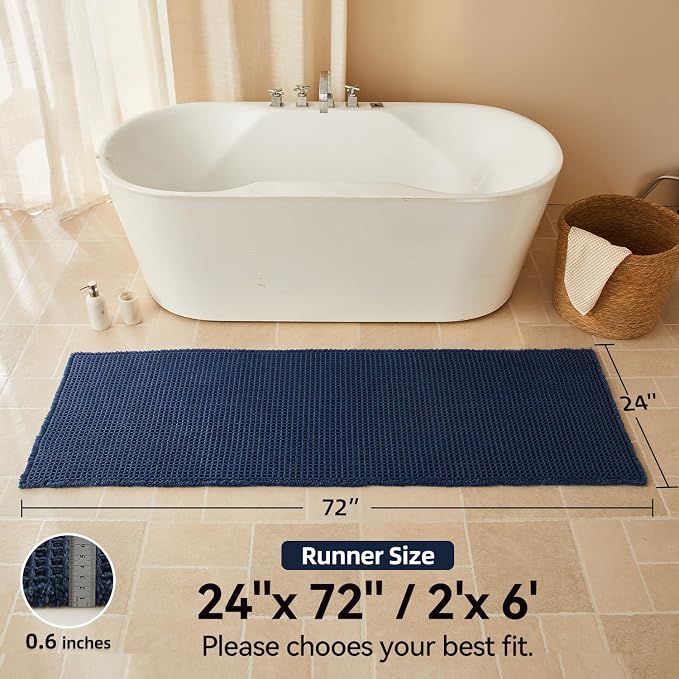 Triohero Waffle Runner Bath Mat - Long Bathroom Rugs Non Slip Washable, Ultra Soft Super Absorbent Quick Dry Boho Farmhouse Bathroom Decor, 24" x 72", Navy Blue