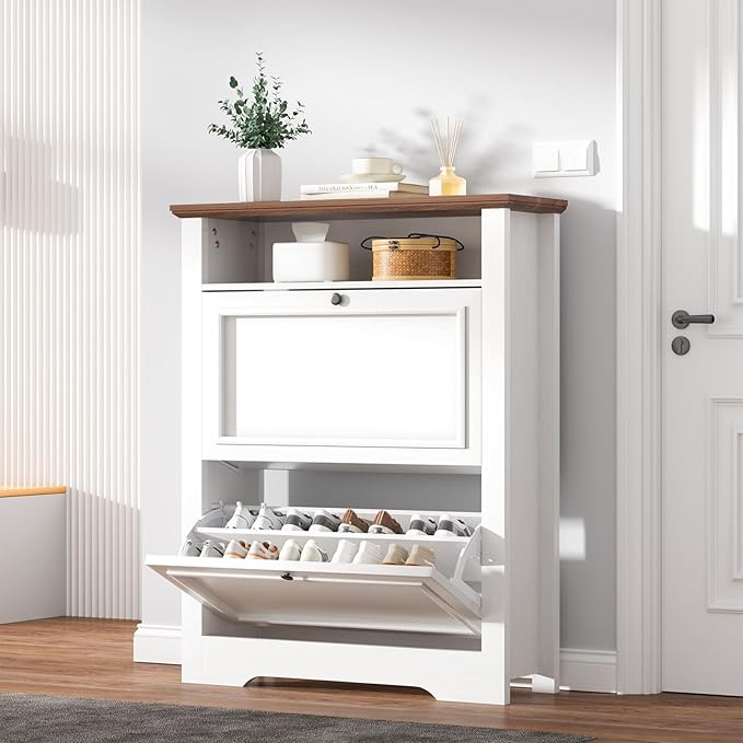 39" Farmhouse Shoe Storage Cabinet with 2 Flip Drawers and Adjustable Entryway Shelves, Hidden Shoe Organizer, White Walnut