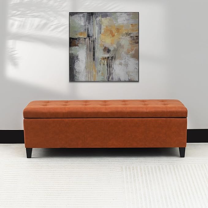 Homebeez 51" Faux Leather Storage Ottoman Bench, Tufted Rectangular Foot Rest Stool (51" Dark Orange)