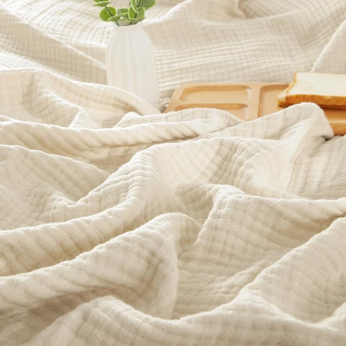 PHF 100% Cotton Muslin Blanket Queen Size 90"x90", 4-Layer Lightweight Gauze Throw, Breathable Cloud-Soft Minimalist Blanket for Bed, Couch, Camping, Beige/Short Bread, Ideal Gift