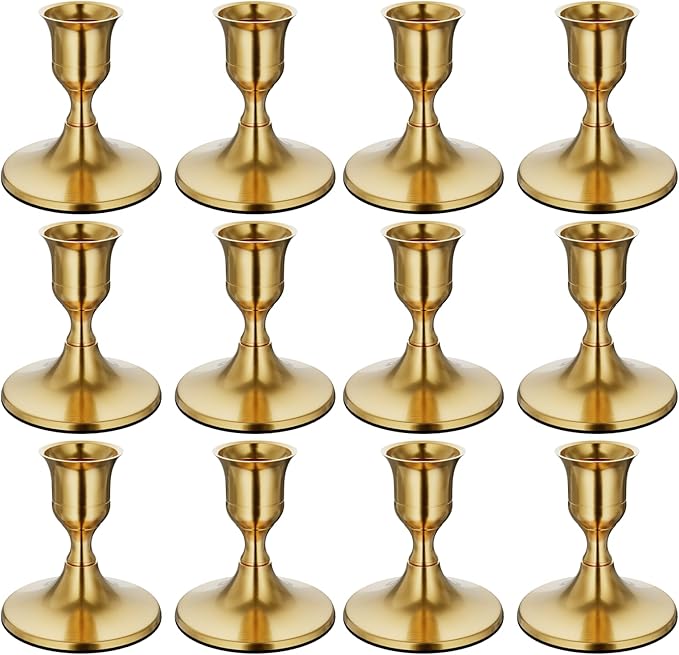 zeochyni 12 PCS Brass Gold Taper Candle Holders Set, Vintage Metal Candlestick Holders for Dinner Room Table Centerpiece or Mantel Wedding Party Decor