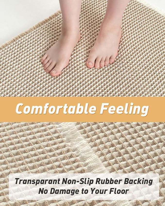 Upgraded Waffle Bath Mat Set of 2, Super Absorbent Non Slip Bath Mats for Bathroom Floor, Washable Boho Bathroom Rugs Set 2 Piece with Tassels, Soft Bathroom Mat Set, 17" x 24" +18" x 30", Brown Cream