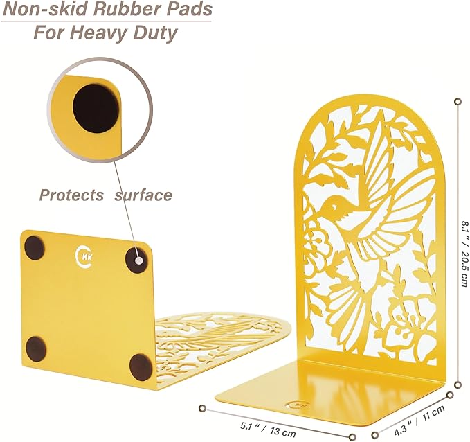CNK Premium Metal Bookends for Home Office - Heavy Book Stoppers, Decorative Book Shelves (Hummingbird Gold)