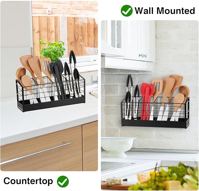 acDesign Kitchen Utensil Holder with 4 Compartments, Wire Cooking Utensil Holder Organizer, Matte Black Metal holder with Base for Kitchen Countertop, Spatula, Tong, Spoon