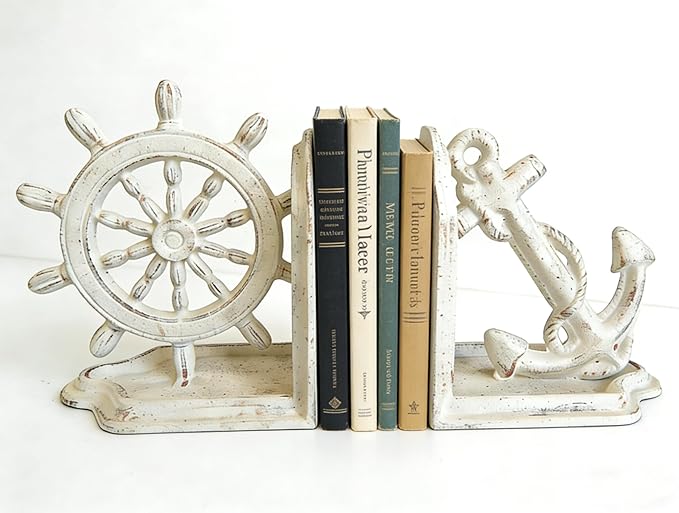 Anchor Bookends Decorative, Anchor and Nautical Ship Wheel Bookends Set,Heavy Duty Cast Iron Book Holder, Book Ends for Shelves Living Room Home Office, Antique Blue, 1 Pair/2Pieces (Antique White)