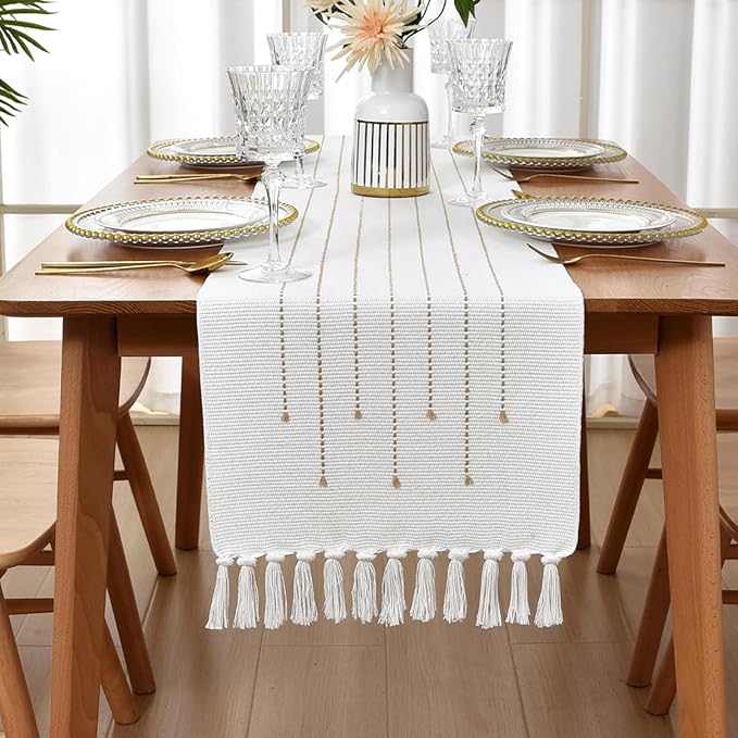 Boho Table Runner Natural Cotton Woven Runner with HandmadeTassels for Home Dining Table décor, for Modern Farmhouse Decor Coffee Table Runner (Khaki, 14x90Inch)