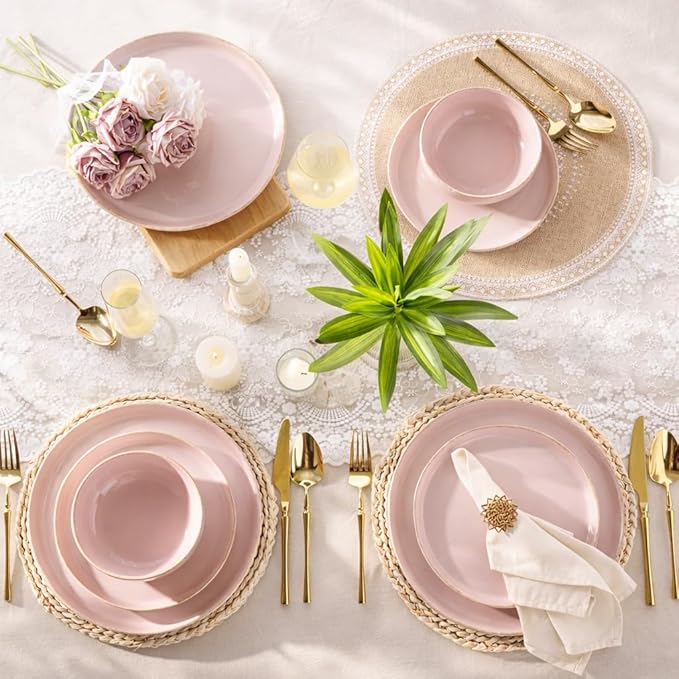 AmorArc Ceramic Dinnerware Sets for 4, 12 Pieces Handpainted Plates and Bowls Set with Rustic Terracotta Underside, Scratch Resistant Stoneware Dishes Set, Dishwasher & Microwave Safe