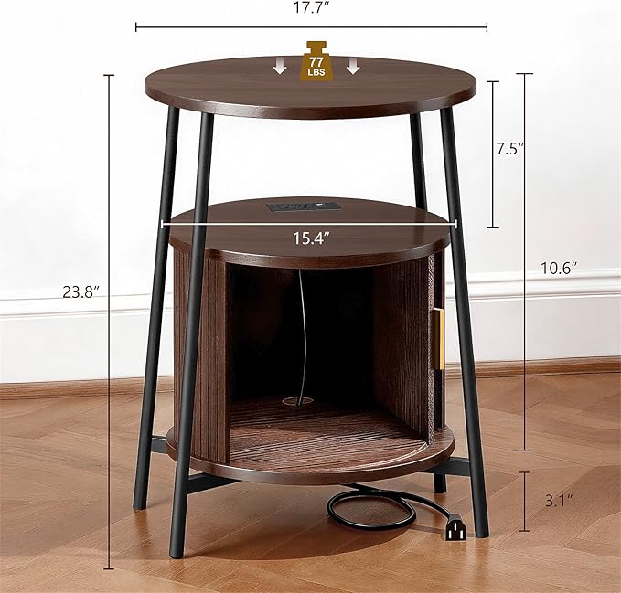 DHH Round End Tables Set of 2 & Charging Station, Fluted Accent Side Table with Sliding Door, Mid-Century Modern Nightstand set of 2 for Small Space Storage, Living Room, Bedroom,Sofa Couch(2, Walnut)